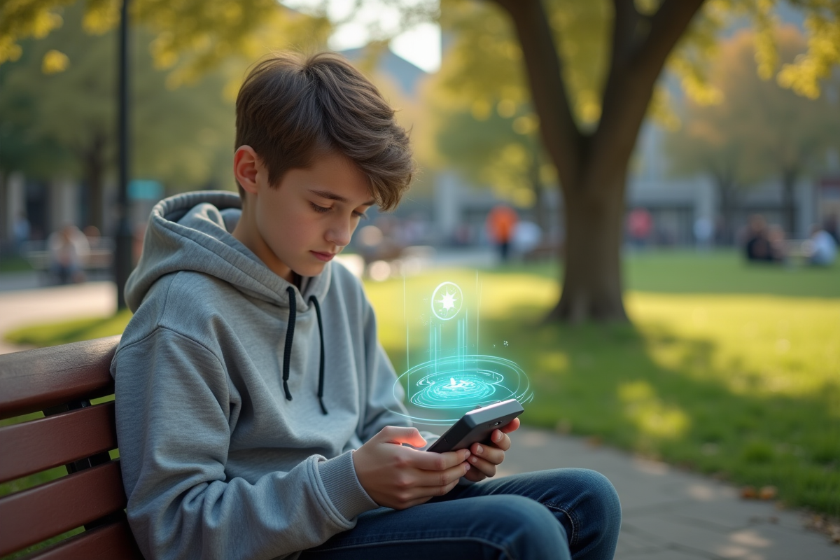 Adolescent utilisant un smartphone holographique dans un parc