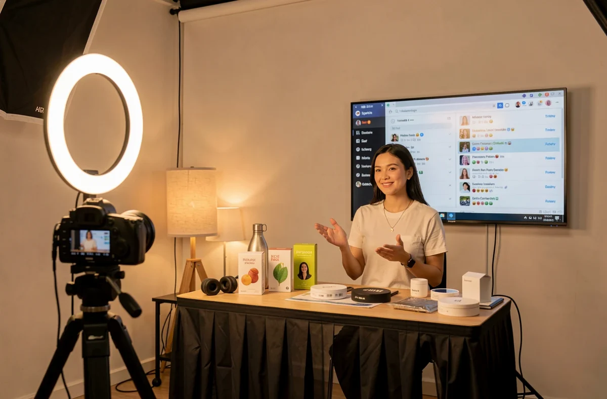 Animateur de live shopping devant une caméra dans un petit studio