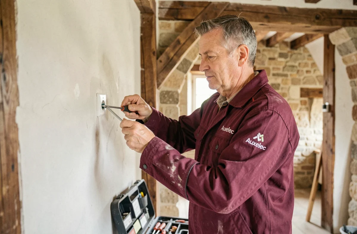 Électricien Auxelec installant une prise électrique dans une ferme rénovée dans l'Yonne