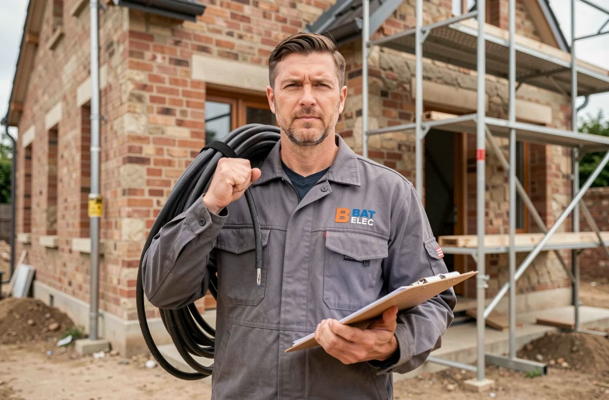 Électricien de B BAT ELEC devant un chantier de rénovation en maison ancienne dans l'Yonne