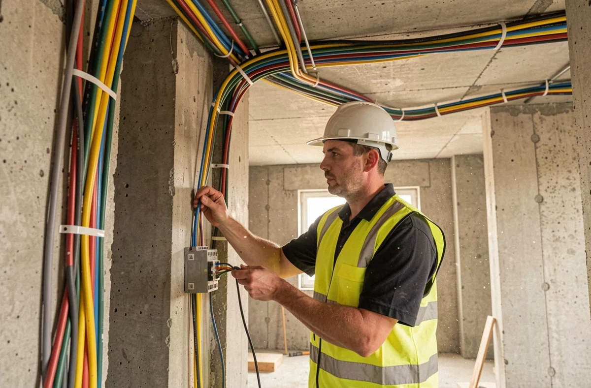 Électricien Bouygues Energies et Services câblant un bâtiment neuf en construction