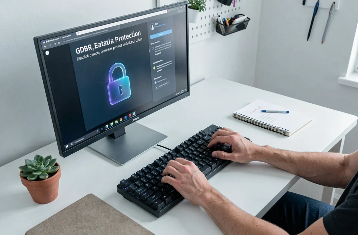 Vue aérienne d'un espace de travail minimaliste avec clavier et écran affichant une interface de protection des données RGPD
