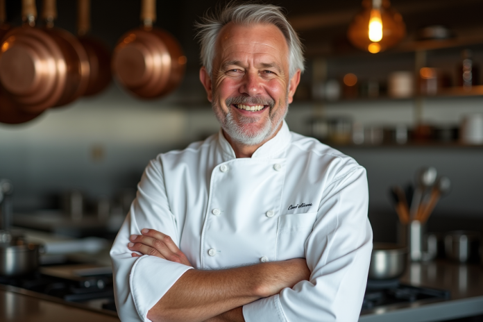 chef-michelin-restaurant Chef masculin souriant dans une cuisine étoilée
