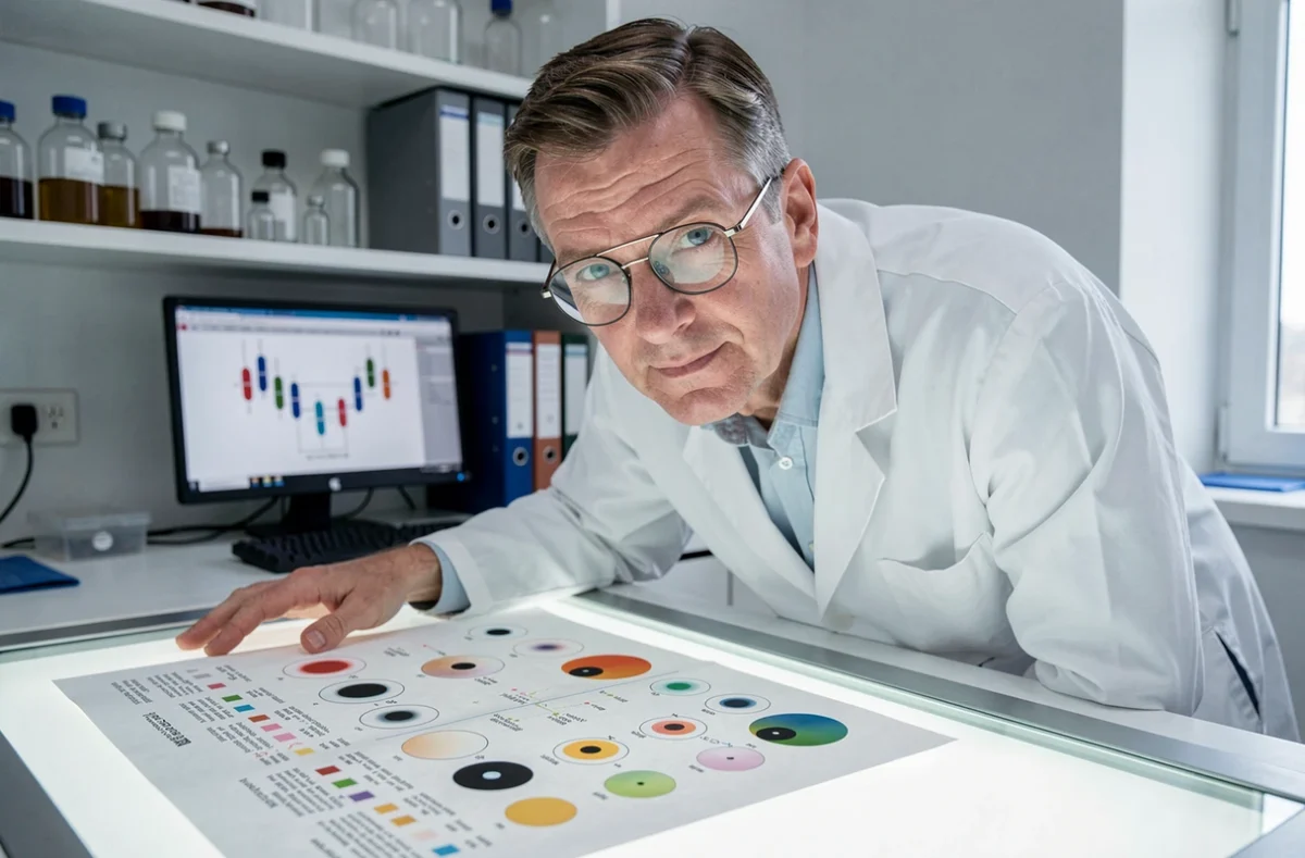 Chercheur en laboratoire étudiant un tableau génétique sur la pigmentation des yeux, en lien avec l'évolution du pourcentage d'yeux bleus dans le monde
