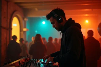DJ en action dans un club électro intimiste parisien aux murs en béton brut