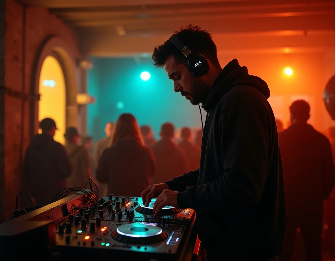 DJ en action dans un club électro intimiste parisien aux murs en béton brut