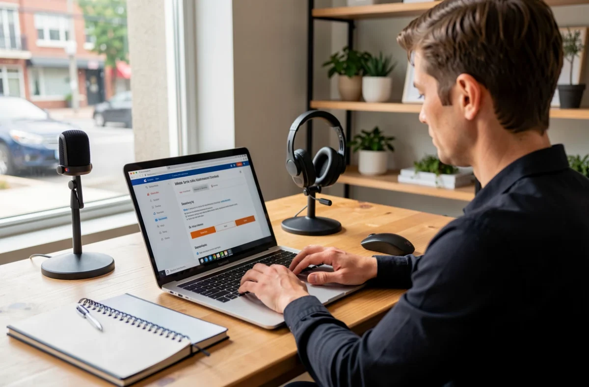 Commerçant comparant des solutions de vente à distance devant son ordinateur
