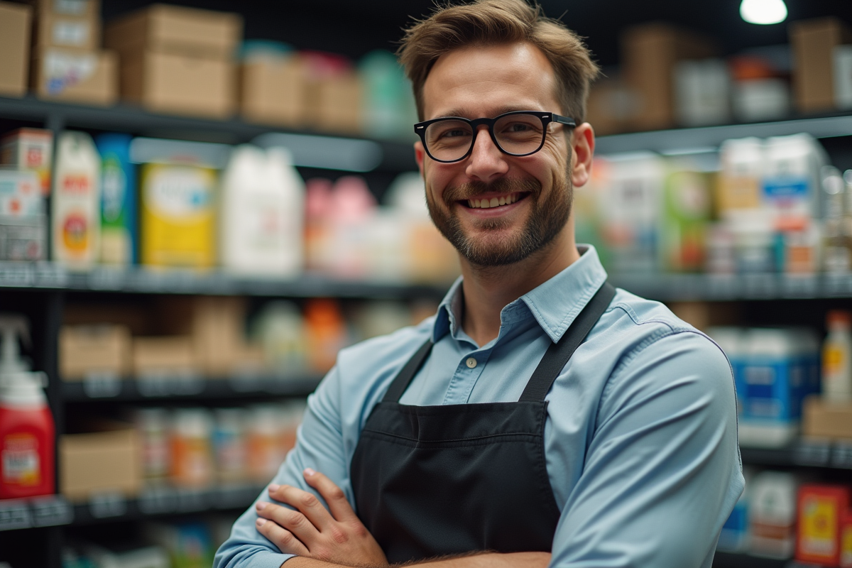 Propriétaire de boutique devant rayons bien approvisionnes