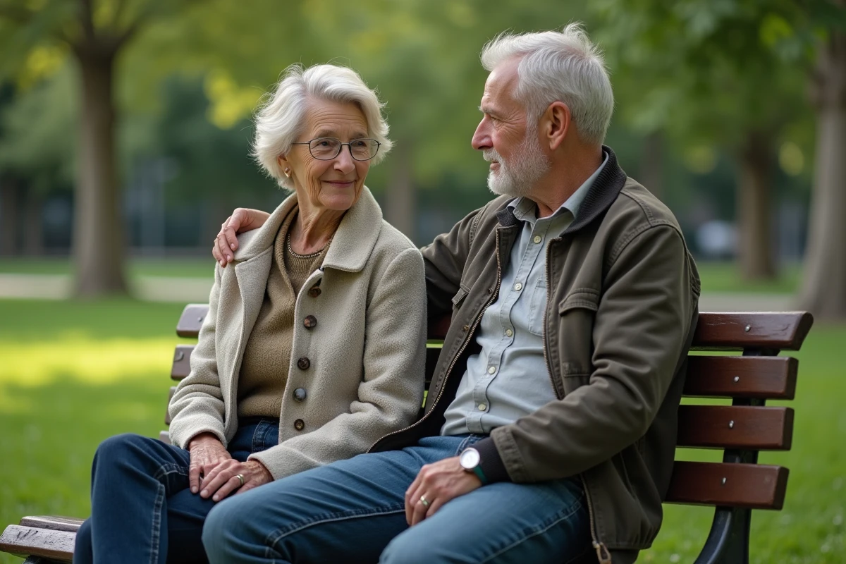 Jeune homme et femme âgée discutant dans un parc urbain