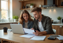 Jeune couple professionnel examinant documents achat maison