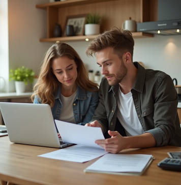 Jeune couple professionnel examinant documents achat maison