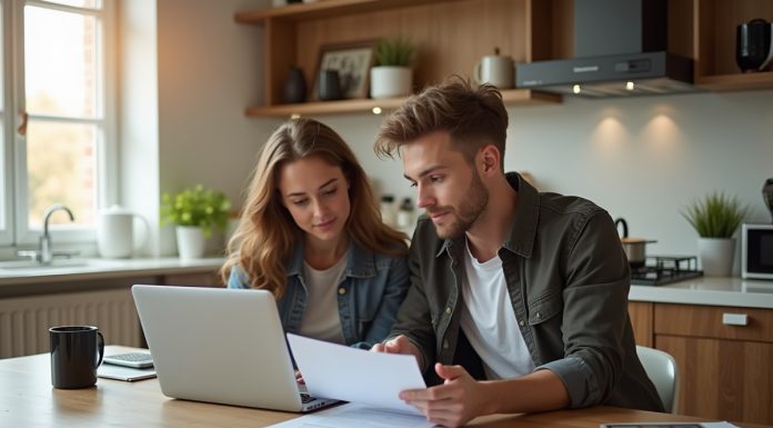 Jeune couple professionnel examinant documents achat maison