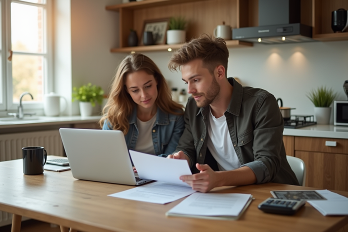 couple-achat-maison-laptop Jeune couple professionnel examinant documents achat maison