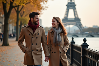 Jeune couple marchant le long de la Seine à Paris