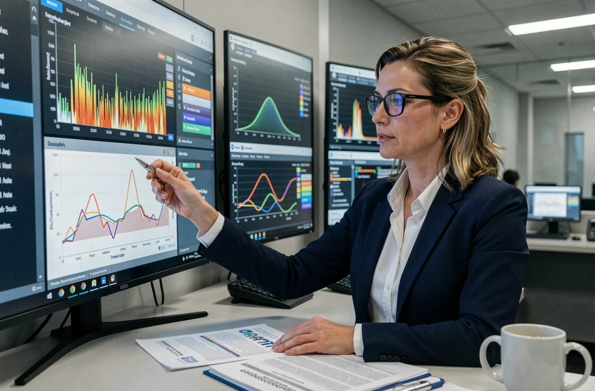 Ingénieure Dalkia analysant des données de performance énergétique dans un centre de gestion technique de bâtiment