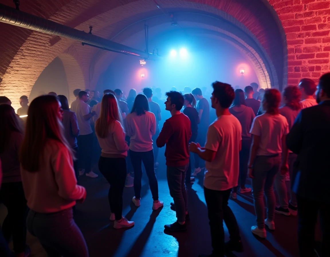 Ambiance danse dans un petit club parisien de musique électronique souterrain