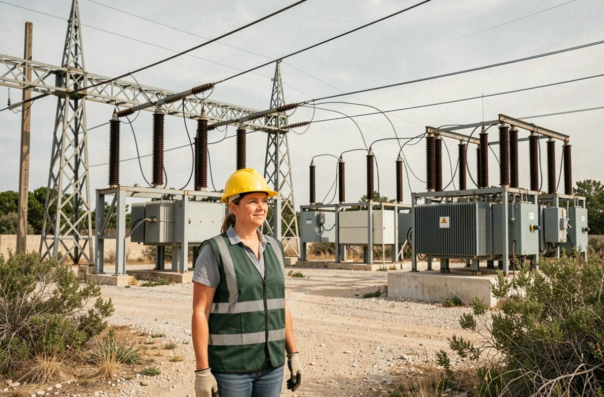 Ingénieure Eiffage Énergie Systèmes près d'une infrastructure de réseau électrique haute tension