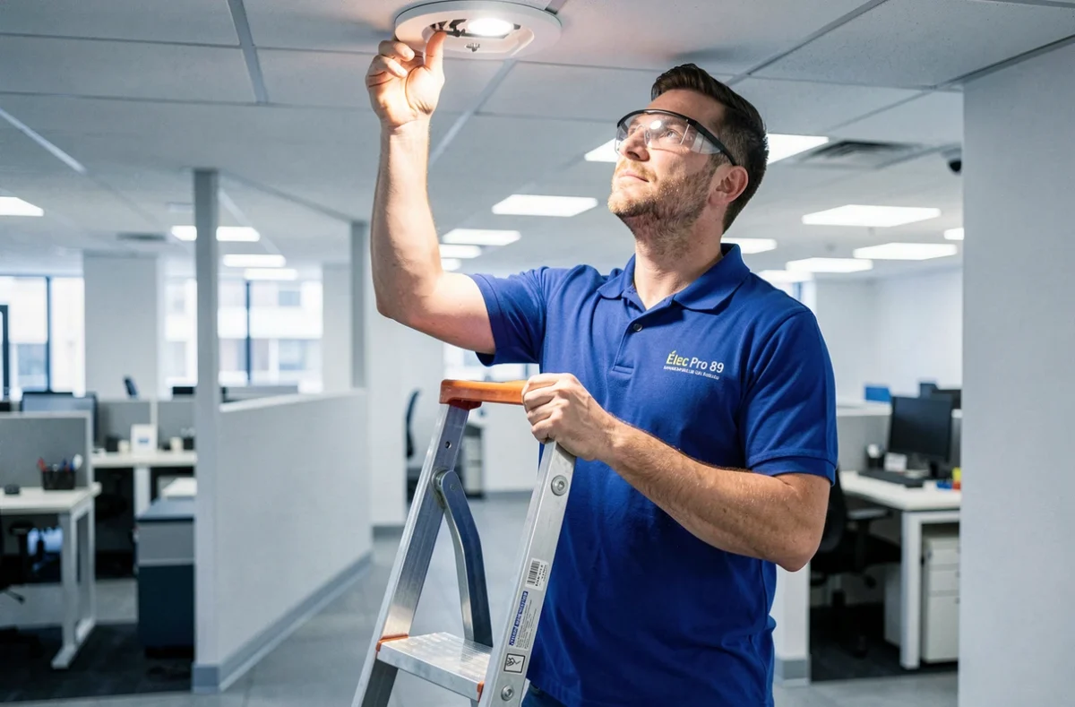 Électricien Élec Pro 89 installant des luminaires encastrés dans un bureau commercial de l'Yonne