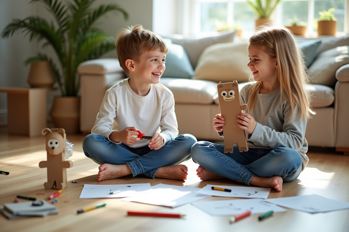 Deux enfants jouant avec des projets créatifs sur le sol lumineux