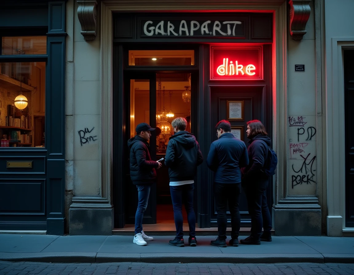 Entrée discrète d'un club électro parisien dans une rue pavée de nuit