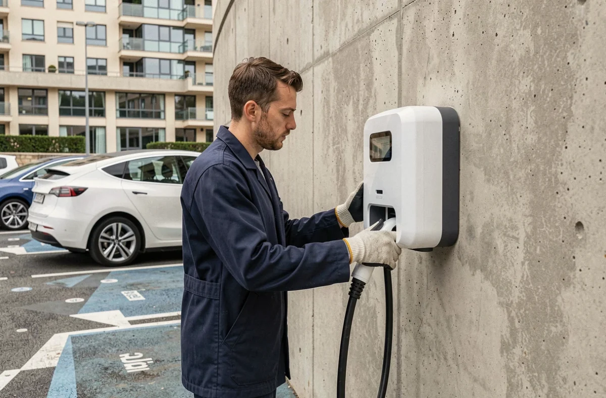 Technicien Equans installant une borne de recharge IRVE pour véhicules électriques dans un parking urbain