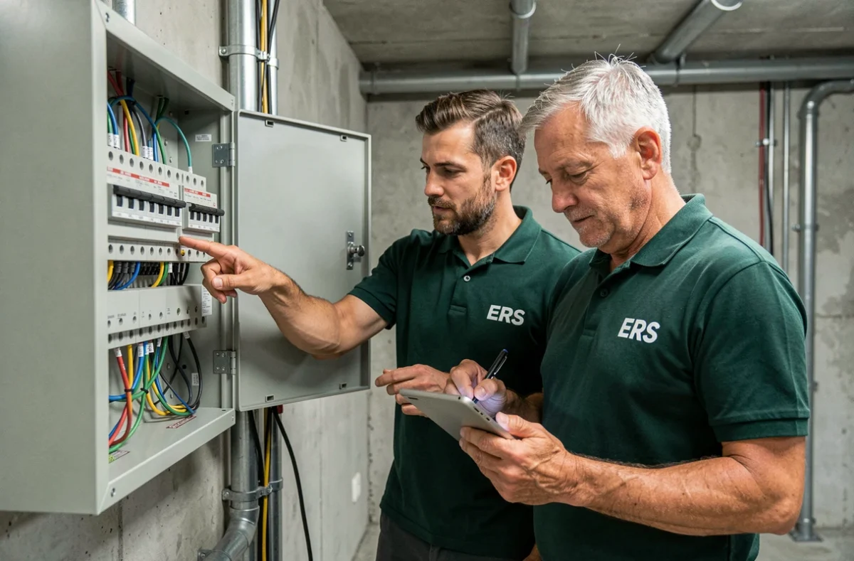 Deux techniciens ERS collaborent sur une installation électrique dans un bâtiment commercial de l'Yonne