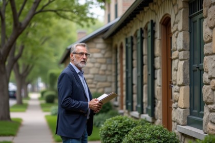 Expert immobilier inspectant une vieille maison en pierre
