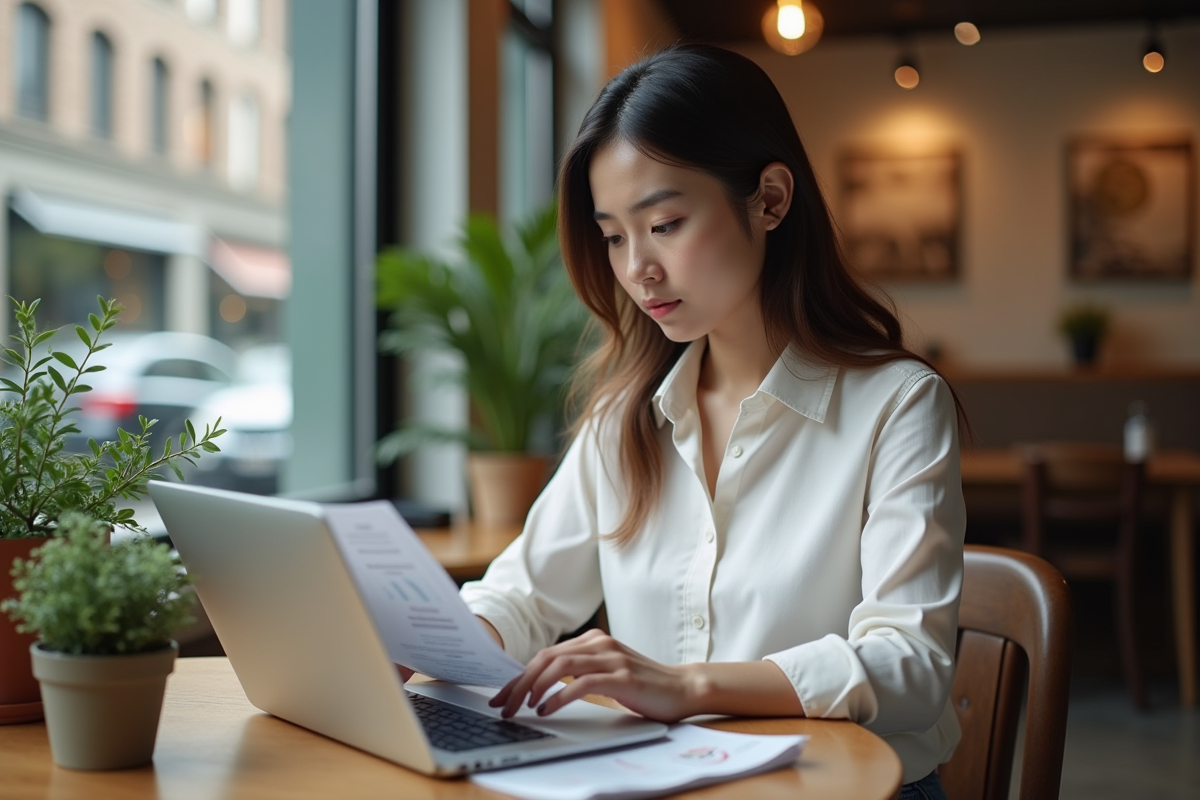 Jeune femme en casual travaillant sur son ordinateur dans un café