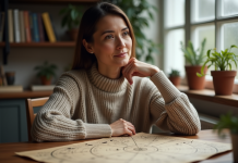 Influence des étoiles sur la vie humaine : découvrir les mystères de l’astrologie Femme contemplant un vieux chartre astrologique dans un intérieur cosy