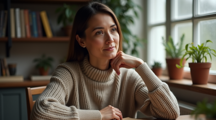 Femme contemplant un vieux chartre astrologique dans un intérieur cosy