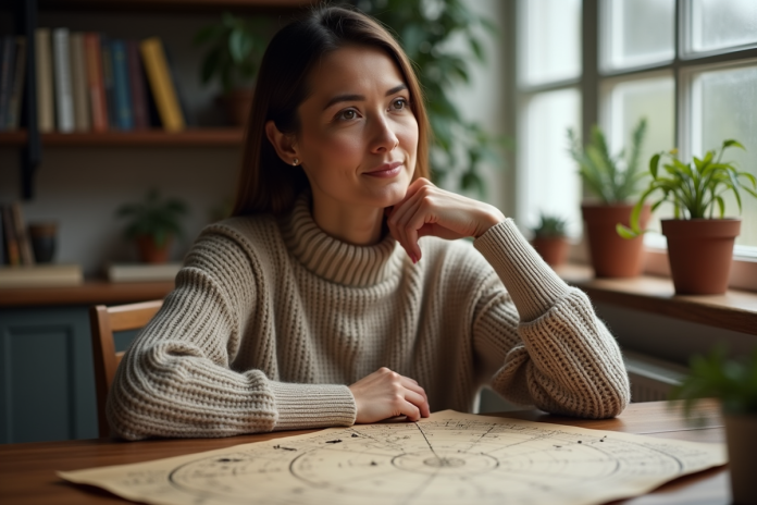 Femme contemplant un vieux chartre astrologique dans un intérieur cosy