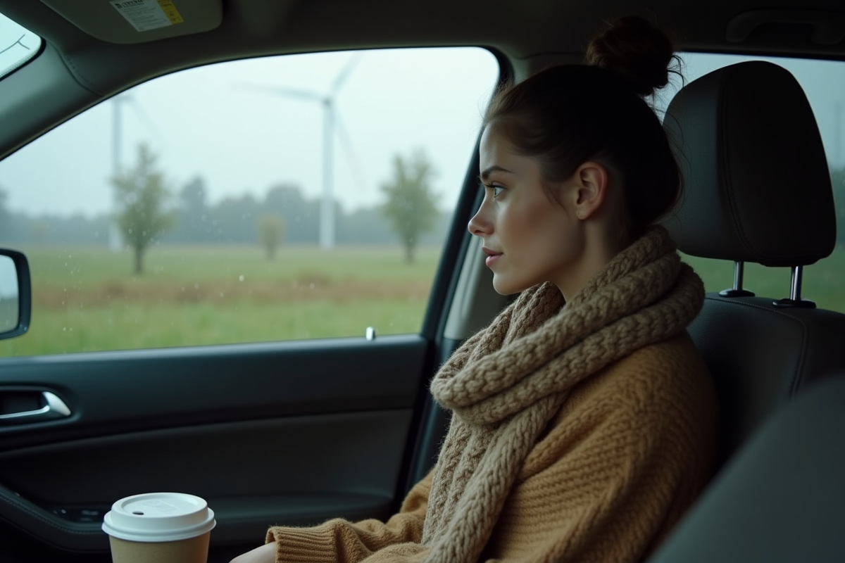 Femme regardant par la fenêtre sous la pluie dans une voiture