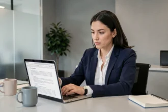 Femme professionnelle consultant les paramètres de confidentialité de ses données sur un ordinateur portable dans un bureau moderne