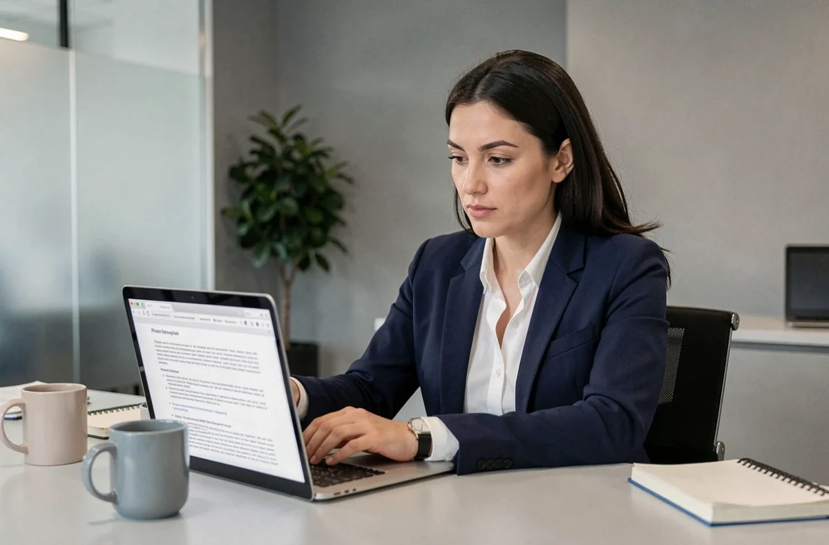 Femme professionnelle consultant les paramètres de confidentialité de ses données sur un ordinateur portable dans un bureau moderne