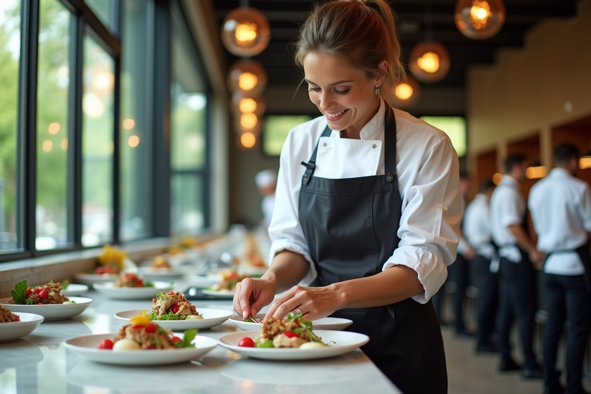Femme chef en train de dresser un plat gourmet