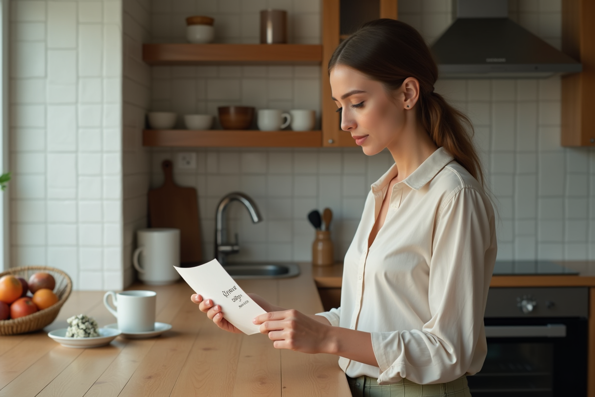 Jeune femme vérifiant un courrier de paiement dans sa cuisine