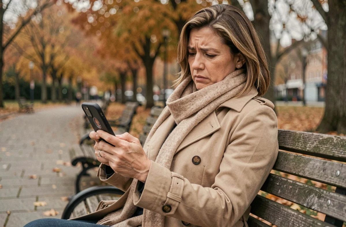 Femme cherchant la meilleure photo de profil WhatsApp sur son téléphone dans un parc en automne