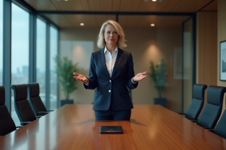 Femme en costume navy dans une salle de réunion moderne