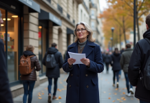 Femme en manteau distribuant flyers dans une rue urbaine