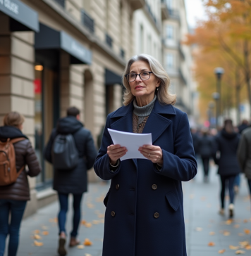 Femme en manteau distribuant flyers dans une rue urbaine