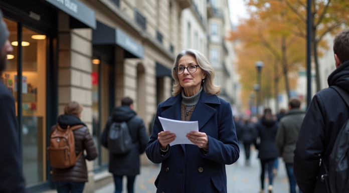 Femme en manteau distribuant flyers dans une rue urbaine