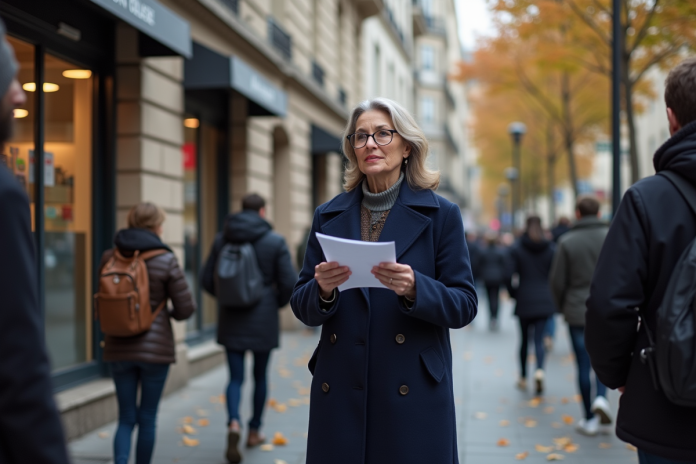 Femme en manteau distribuant flyers dans une rue urbaine