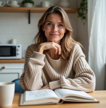 Femme souriante dans sa cuisine avec journal et phrase positive