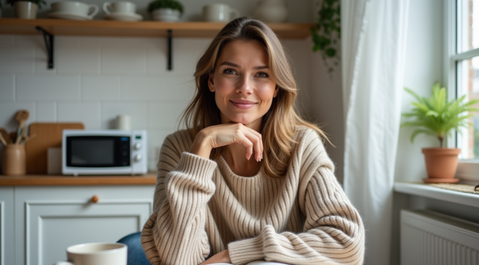 Femme souriante dans sa cuisine avec journal et phrase positive