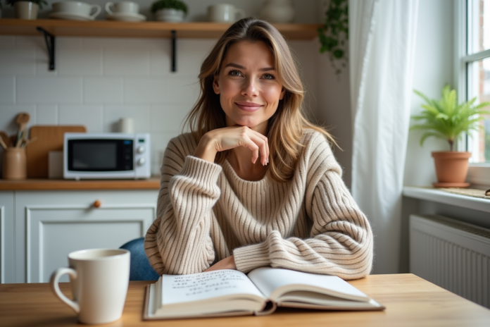 Femme souriante dans sa cuisine avec journal et phrase positive