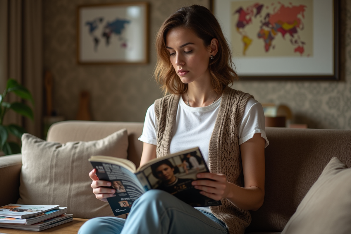 Femme dans un salon vintage feuilletant un magazine 1994