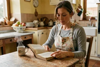 Femme lisant un roman à sa table de cuisine provençale, évoquant l'univers littéraire du film La liste de mes envies