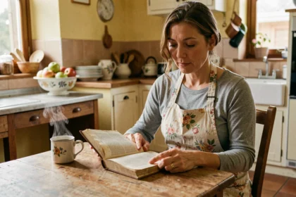 Femme lisant un roman à sa table de cuisine provençale, évoquant l'univers littéraire du film La liste de mes envies
