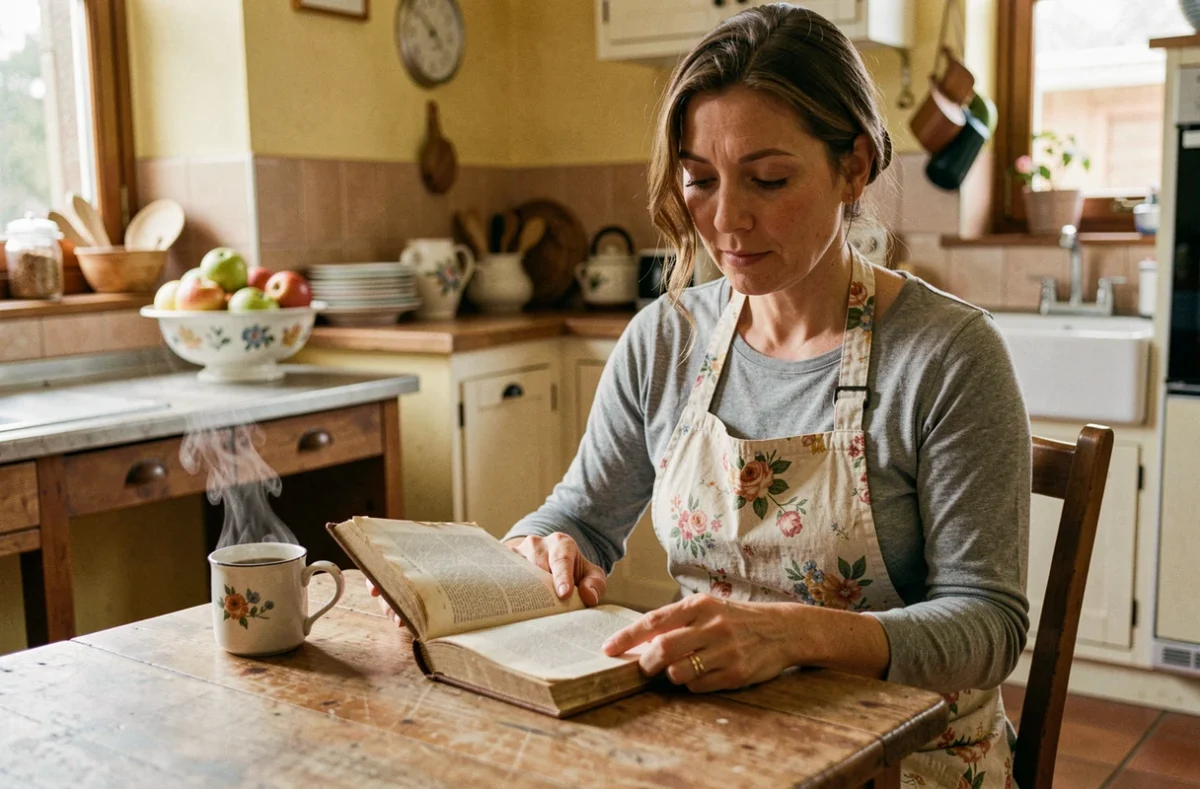 Femme lisant un roman à sa table de cuisine provençale, évoquant l'univers littéraire du film La liste de mes envies