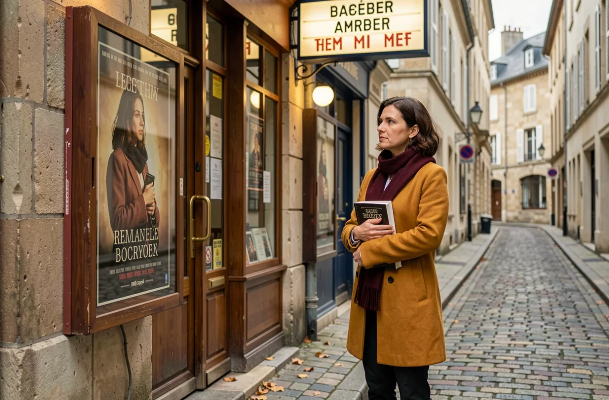 Femme tenant un livre devant une façade de cinéma de ville française, illustrant l'adaptation du roman La liste de mes envies au cinéma